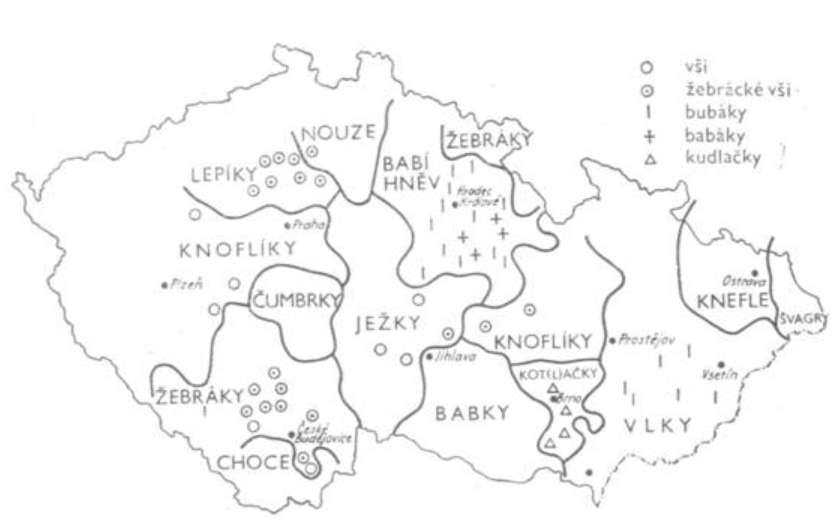 Nářeční mapa názvů plodů lopuchu. Zdroj: http://nase-rec.ujc.cas.cz/archiv.php?art=6965